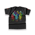 Large pop-art back graphic print featuring a grid army of colourful retro tin toy robots in red, turquoise, purple, yellow, and green on a black heavy cotton tee