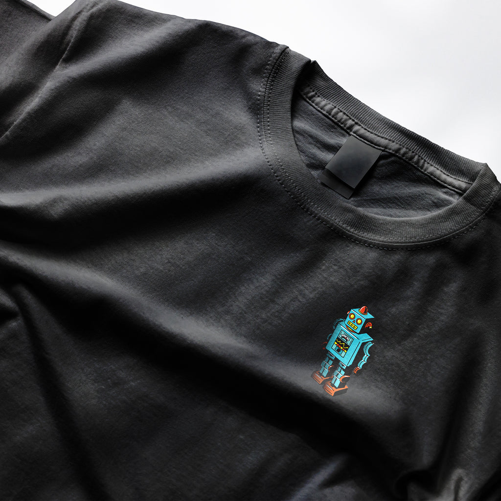 Black t-shirt with a blue robot design on a white background from Clothing Dioxide, UK