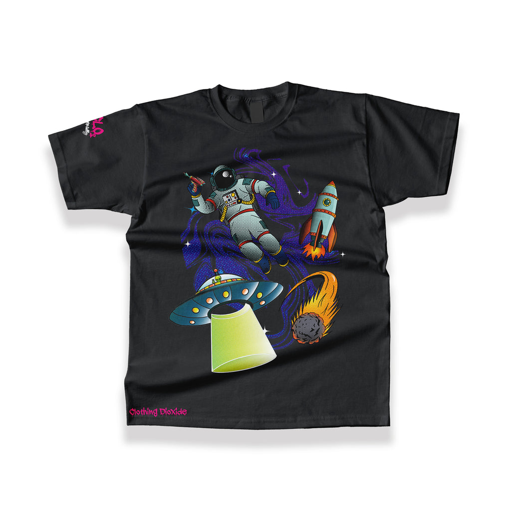 Space scene graphic tee from Clothing Dioxide. Intergalactic retro design on heavyweight unisex t-shirts - UK
