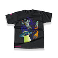 Clothing Dioxide premium black heavyweight t-shirt showcasing a large front graphic with a floating astronaut, flying saucer UFO, retro rocket, and meteor