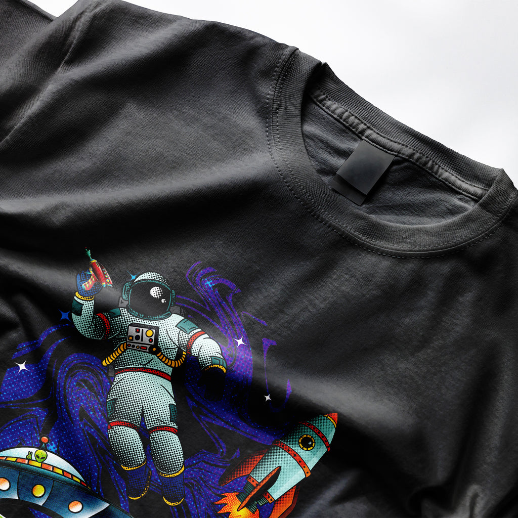 Front design - Space scene Tee from Clothing Dioxide, UK