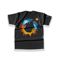 Large gritty alternative cartoon bomb and comic explosion back graphic print in bright blue, yellow, and orange tones