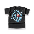 Large alternative back graphic print featuring scattered light blue diamonds of all sizes and one singular contrasting red ruby on a heavy black cotton tee
