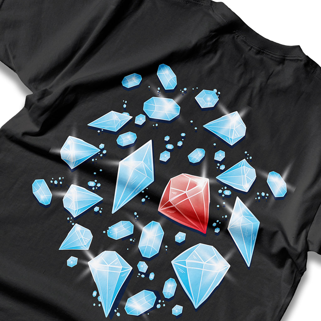 Black Diamond Tee with blue and red diamond graphic on a white background. Clothing Dioxide, UK