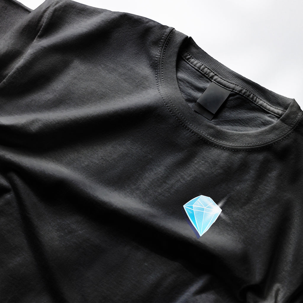 Black t-shirt with a blue diamond logo on a white background from Clothing Dioxide, UK
