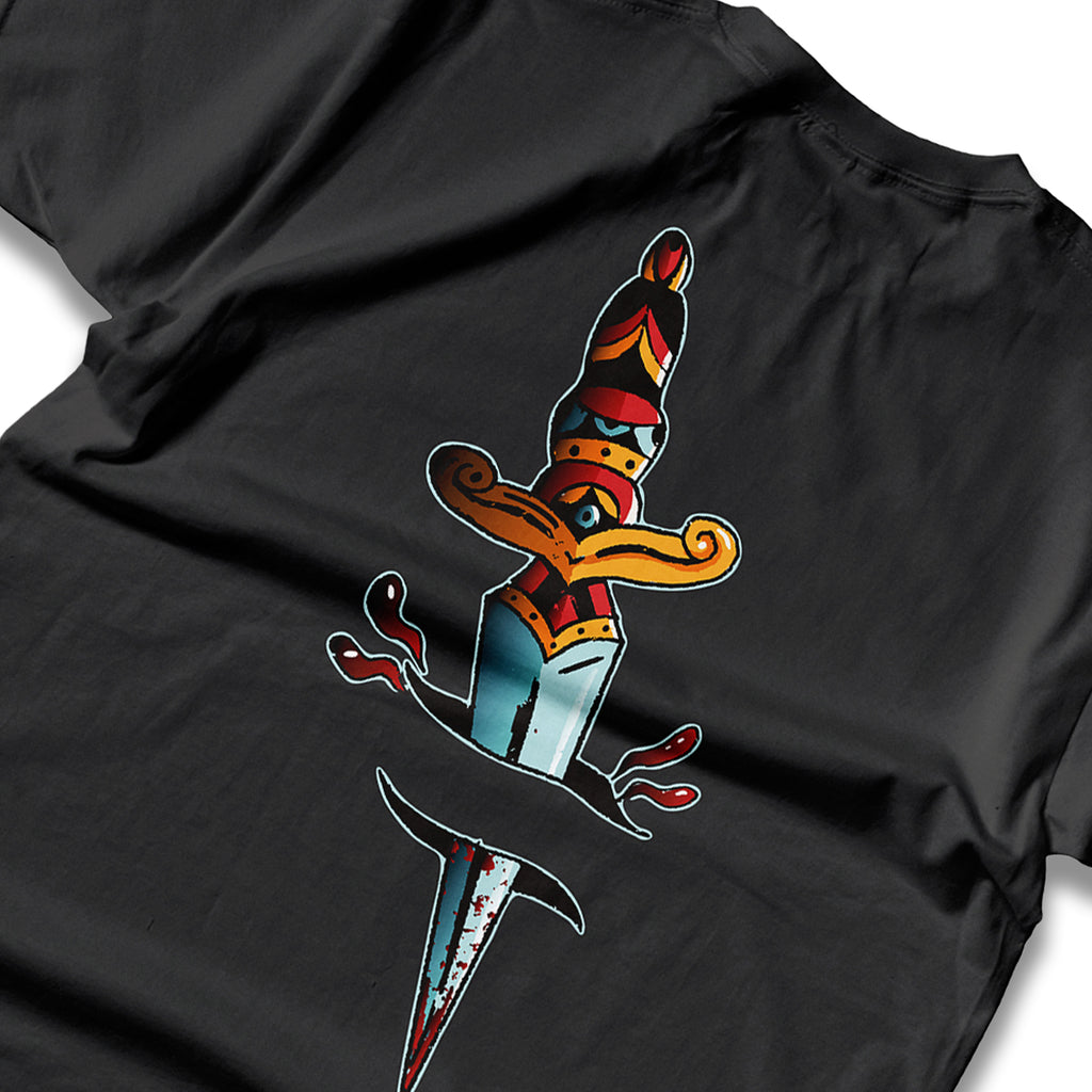 The Dagger Tee design from Clothing Dioxide is based on a traditional tattoo-style dagger on a black, unisex sized quality t-shirt.
