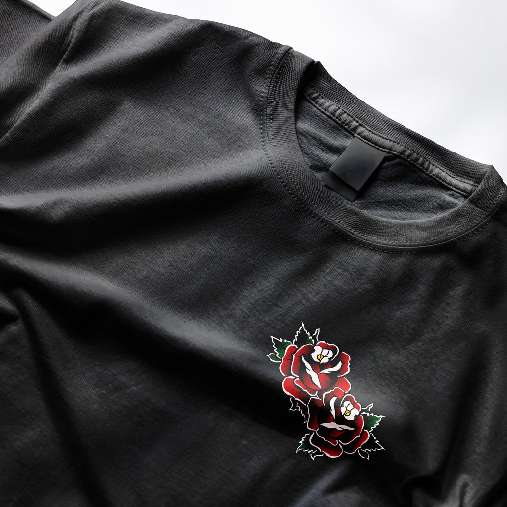 Front graphic - The Dagger Tee design is based on a traditional tattoo-style dagger and rose, Clothing Dioxide, UK