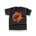 Large retro sci-fi raygun blaster back graphic print firing over a massive orange and yellow pop-art comic explosion backdrop