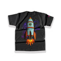 Large pop-art retro rocket ship back graphic print blasting off with bright orange flames and wrapped in cosmic indigo space trails