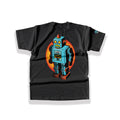 Large pop-art retro tin toy robot back graphic print standing inside a bold orange circular halftone comic book backdrop on a black heavy cotton tee