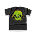 Distressed neon green alien head inside toxic biohazard symbol on premium heavy cotton alternative back graphic tee
