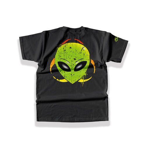 Distressed neon green alien head inside toxic biohazard symbol on premium heavy cotton alternative back graphic tee