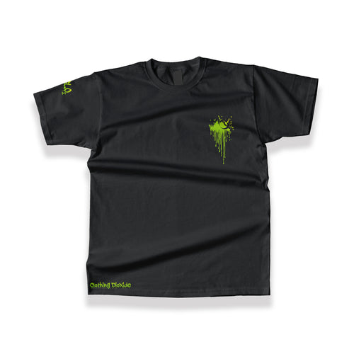 Clothing Dioxide black heavyweight graphic t-shirt featuring front neon green dripping biohazard eye chest print, custom brand details, produced in the UK