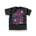 Large surrealist back graphic print featuring detailed melting eyeballs swirling inside vibrant neon red and bright blue liquid lines