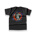 Large pop-art retro astronaut back graphic print drifting inside vibrant red and orange planetary orbit rings with cosmic indigo details