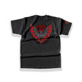 Large spooky gothic alternative back graphic print featuring a detailed bat flying in front of a giant blood red moon