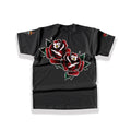 Large alternative back graphic print featuring two detailed traditional tattoo style red roses with vibrant green leaves on a heavy cotton black tee